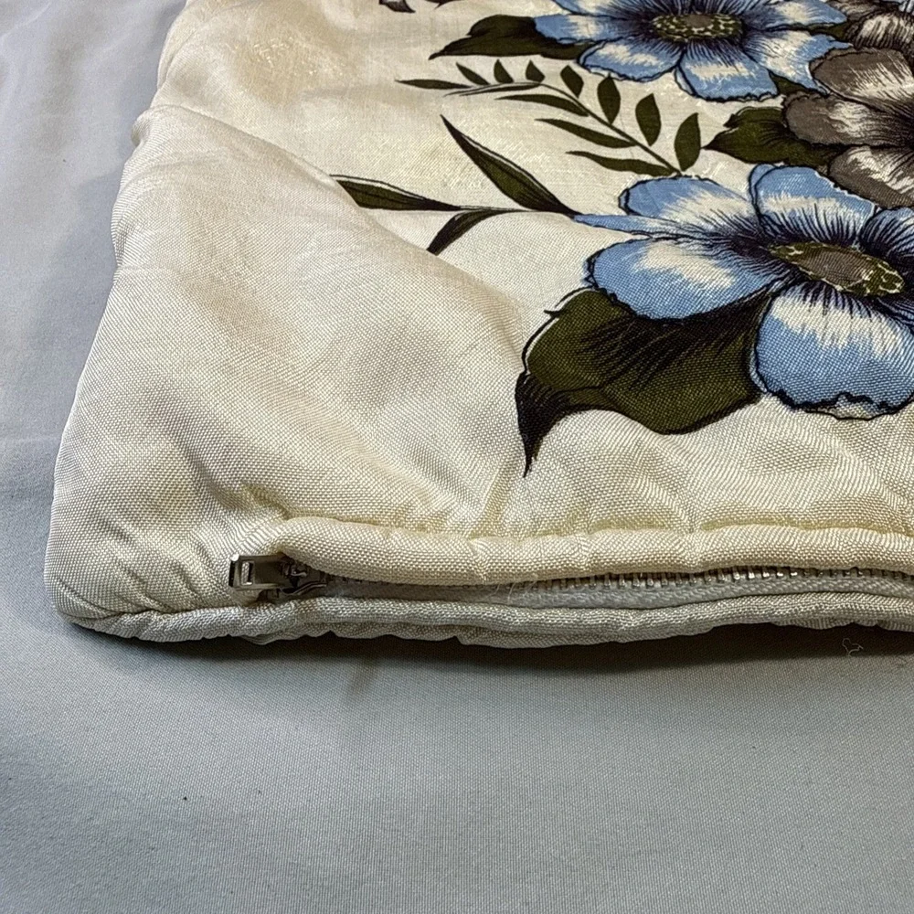 Vintage Plush Floral Pillow Cover Cream Blue Grey Daisy Mid Century Retro